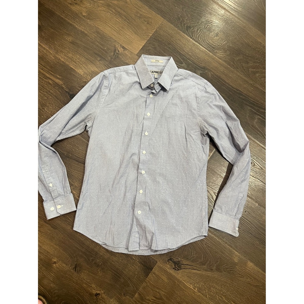 Express Mens Fitted Blue Micro Dot Pattern Long Sleeve Button Up‎ Shirt Size S